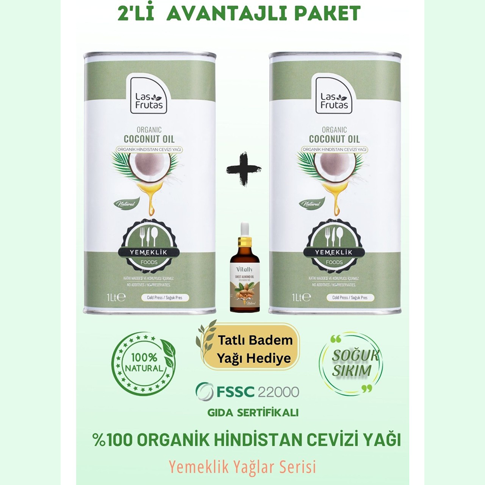 Organik Yemeklik Hindistan Cevizi Yağı 1 Litre 2'li