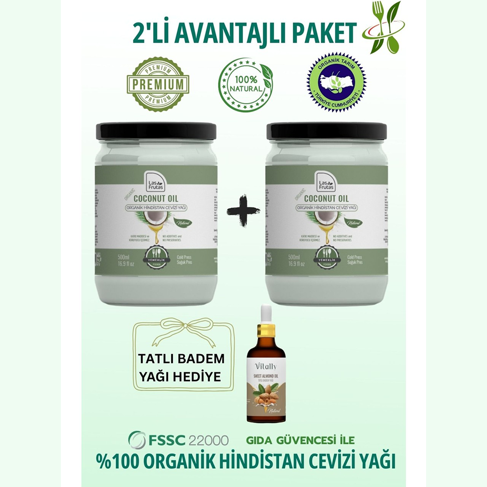 Organik Yemeklik Hindistan Cevizi Yağı 500 ml 2’li